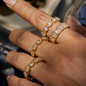 J&D Anéis Empilháveis Minimalistas de Aço Inoxidável Banhados a Ouro 18K com Zircônia Cúbica, Formato Redondo, Retangular, Coração e Gota - Product Image 3