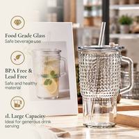 Gobelet de voyage en verre gaufré 1L avec poignée, paille réutilisable et couvercle anti-fuite, grand format, pour boissons, articles de bar, vente en gros, OEM
