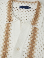 Chemise de camping en tricot crocheté pour homme Printemps-Été, en coton crème, à manches courtes, boutonnée, avec bande contrastante beige, style resort, OEM