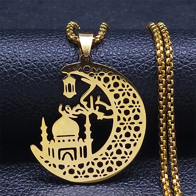 Muslim Islam Eid Mubarak perlengkapan pesta Festival Islam rune Arab 18K kalung berlapis emas untuk wanita pria