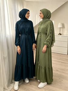 Robe longue modeste d'été en promotion avec manches à volants, Abaya musulmane ceinturée pour femme, idéale pour le quotidien (6582) - Product Image 3