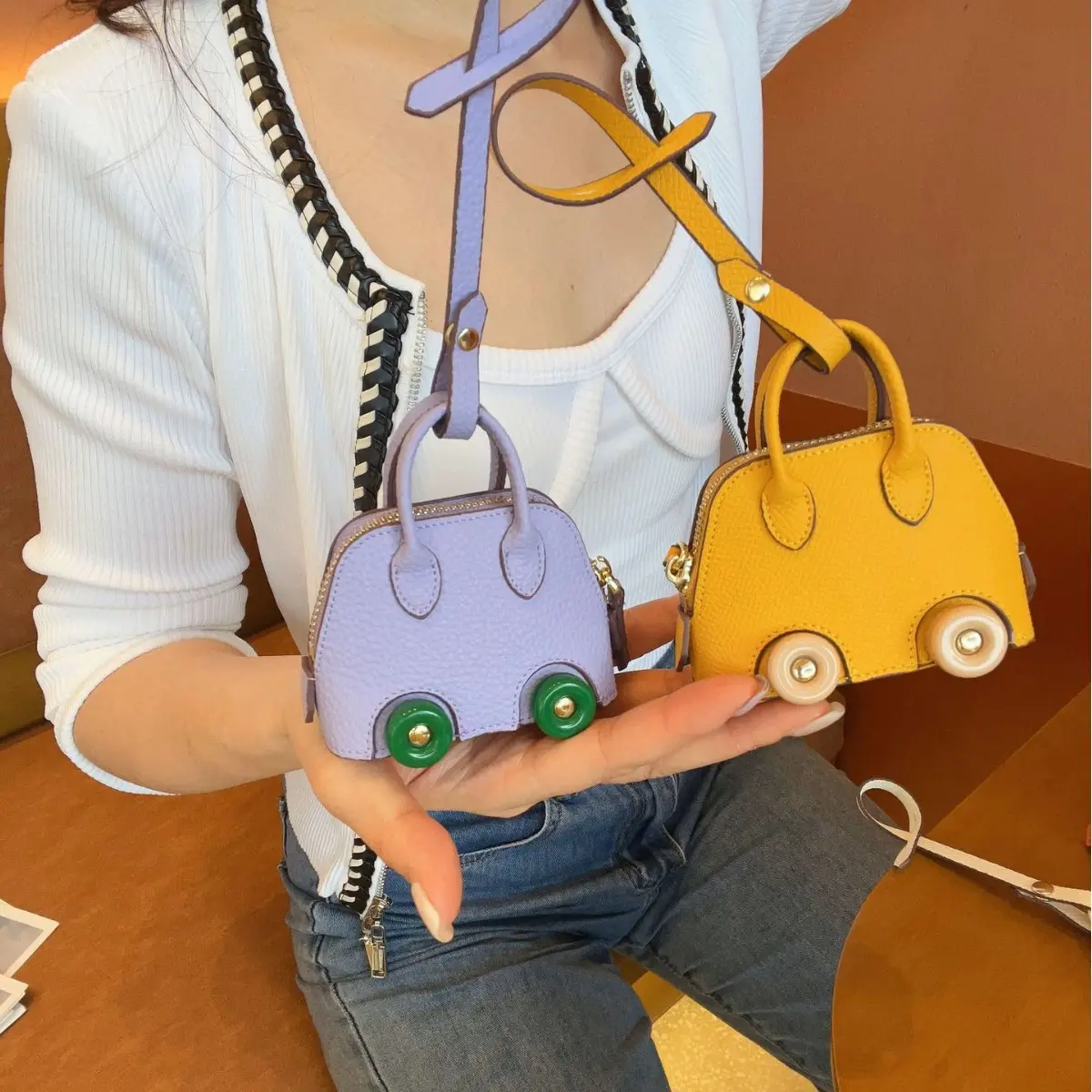 2024 New Arrival Mini Bolide Stylish Leather Bowling Bag with Wheels Portable Carrying Case for Women Earphone Lipstick Holder