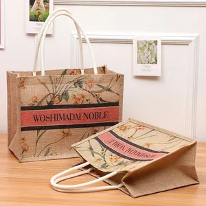 Texupday Cheap Custom Logo Printed Eco Recycle Natural Foldable Reusable Jute Burlap Linen Shopping Tote Bag