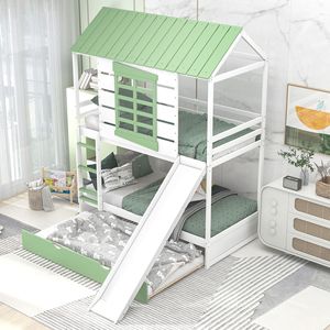 เตียงสองชั้นสำหรับเด็กทรงบ้านสีขาวและสีเขียวพร้อมสไลเดอร์สำหรับห้องนอน สีเขียวอ่อน N072 - Product Image 3