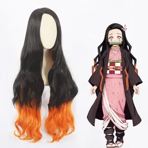 Großhandel 100cm lang Curly Black & Orange Mixed Demon Slayer Kamado Nezuko Perücke Synthetische Anime Cosplay Perücken