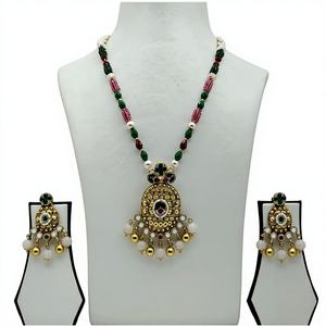 Elegante Conjunto de Collar Largo con Cuentas Plateadas y Perlas Verdes y Rosas, Colgante Tradicional Chapado en Oro y Pendientes a Juego - Product Image 1