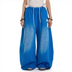 Pantalon de survêtement unisexe bleu délavé coupe large, doux, avec cordon de serrage, taille haute, style décontracté et sportif rétro - Product Image 1
