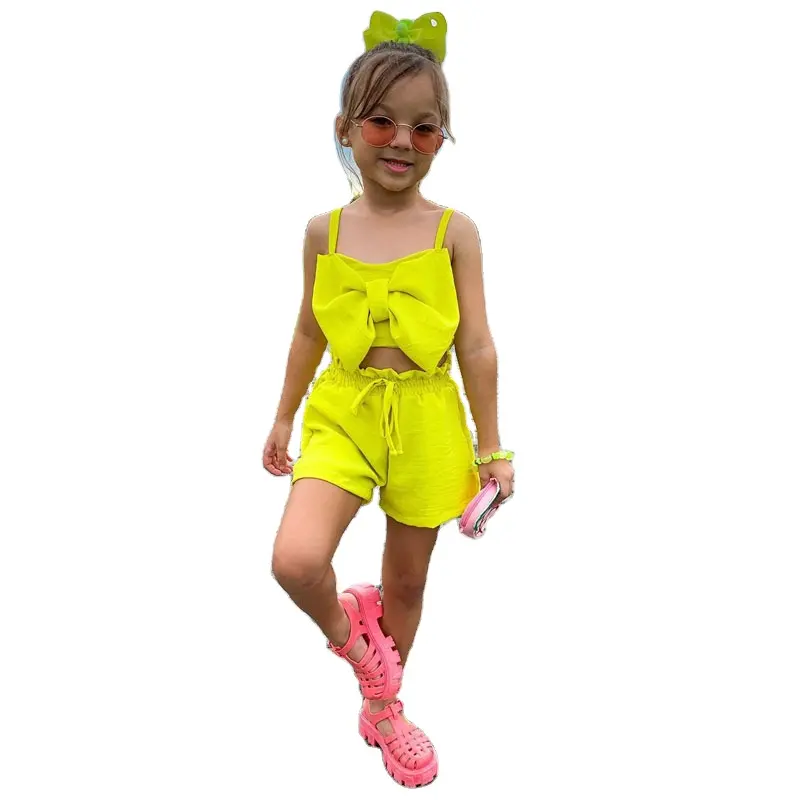 2023 Summer Lovely Girls Set Solid Bowknot Splicing senza maniche Halter Crop Top + Shorts Set di abbigliamento per bambina