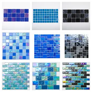 Mosaico de vidrio iridiscente para piscina, azulejo de vidrio azul y verde