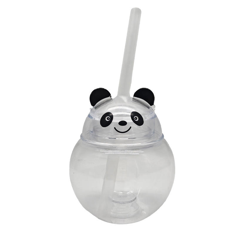 Hot Selling 500ml Creative Cartoon Panda LED Light Water Bottle Single Wall Plastic Lanyard Yard Cups for Party Slush
