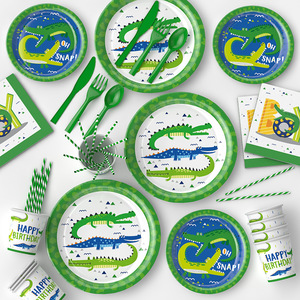 DAMAI 24 Pièces Assiettes Jetables Thème Crocodile pour Fête d'Anniversaire Enfants, Fournitures de Fête Alligator, Assiettes, Gobelets et Serviettes en Papier - Product Image 1