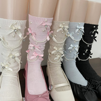 Chaussettes mi-mollet rétro pour femme, en maille de coton respirante, faites à la main, fines et amincissantes, avec nœud et chaîne de perles