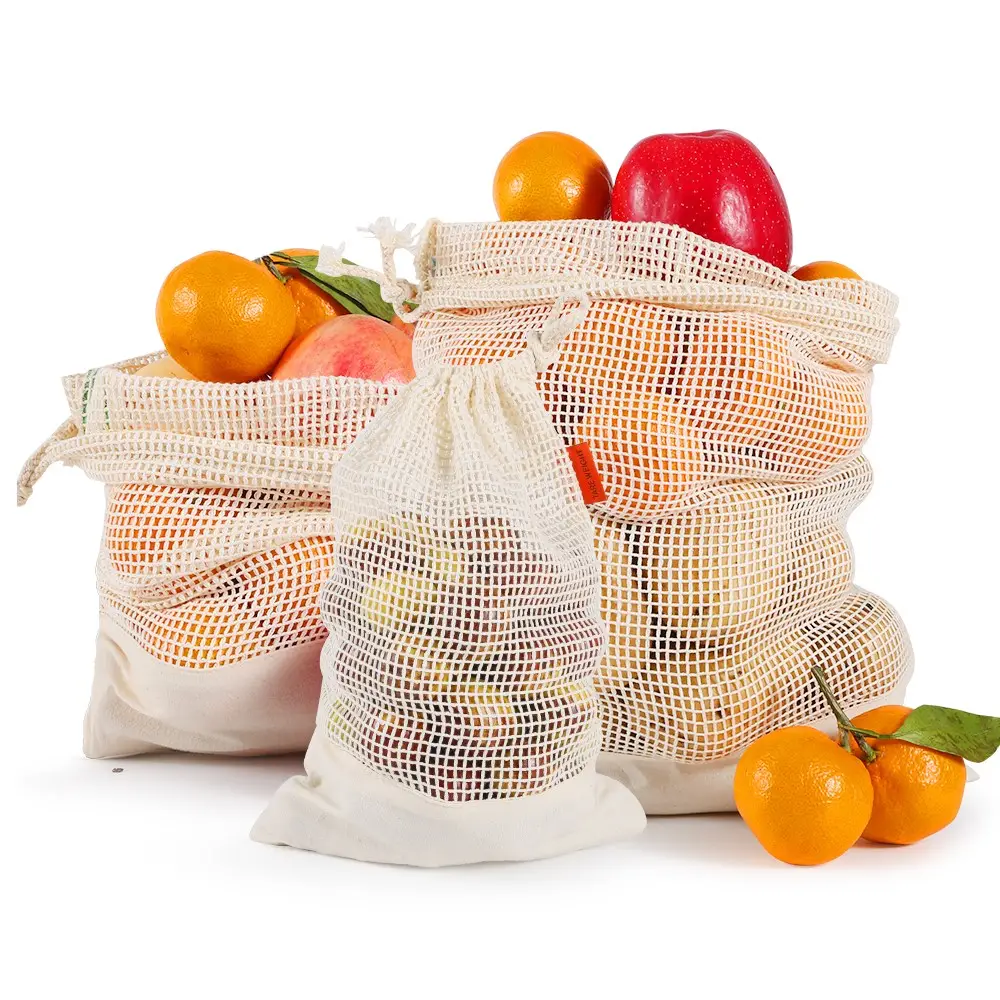 3 आकार 100% पर्यावरण सरल पारिस्थितिकी शून्य अपशिष्ट के लिए धो सकते हैं और पुन: प्रयोज्य कपास जाल उत्पादन बैग सब्जी और फल शॉपिंग बैग