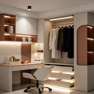 Armoire de chambre à coucher BALOM de taille personnalisée, style moderne INS, armoire intégrée et bureau avec rangement incurvé et éclairage d'ambiance - Product Image 2