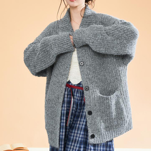 <strong>Women's</strong> Gray <strong>Chunky</strong> Ribbed Turtleneck Oversized <strong>Cardigan</strong> - Cozy Casual Daily Top - Product Image 3