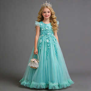 Robe de bal formelle pour filles, col rond, jupe longue en tulle, style princesse, bleu foncé, robe de demoiselle d'honneur pour enfants - Product Image 4