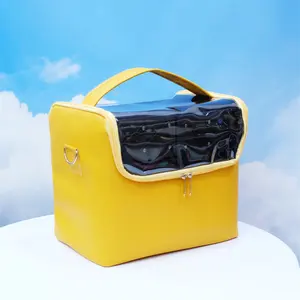 Wholesale Custom 3 Layers Folding PU Makeup Case Multi Function Yellow Cosmetic Storage Organizer With See Through PVC Cover