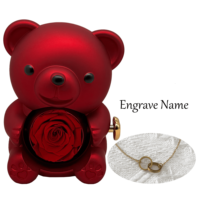 Boîte à bijoux classique en forme d'ours rotatif avec rose, collier gravé double cercle - Cadeau de Noël et de la Saint-Valentin