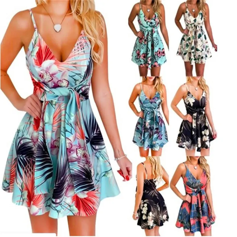 Vestidos Elegantes Verano Mujer Moda sexy Cuello en V Correa Sin mangas Espalda abierta Vestido estampado Tallas grandes Vestidos de mujer