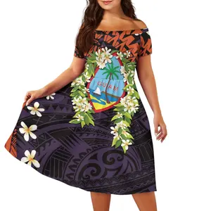Women Off Shoulder Tunic Short-sleeved Dress Polynesia Ti Leaf Lei Guam Print Party Evening Dress Drop Shipping Products 2023