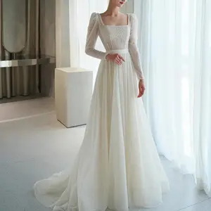 2374优雅的法国超级仙女新娘船领长袖串珠淡淡的一线婚纱礼服