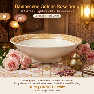 จานชามเมลามีนทรงโบราณสีทอง OEM ODM ขนาด 10.2 นิ้ว สีครีม จานกลมขนาดใหญ่สำหรับบุฟเฟ่ต์ เหมาะสำหรับจัดเลี้ยงอาหารพริก - Product Image 1