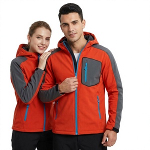 Veste polaire à capuche unisexe rouge et gris avec fermeture éclair, coupe-vent décontractée pour l'automne et les activités de plein air - Product Image 1