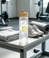 Bouteille en verre borosilicate haute résistance côtelée de 550 ml (18 oz), étanche, portable, avec couvercle en bois pour l'extérieur