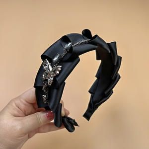 Serre-tête plissé en satin français avec strass pour femme, noir, élégant, accessoire de coiffure - Product Image 2