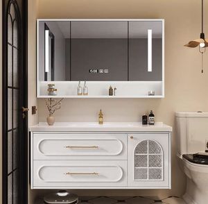 Mueble de baño de pared estilo medieval francés con lavabo de cerámica integrado y espejo inteligente - Product Image 3