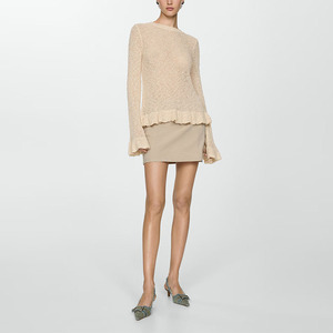 Automne <span class=keywords><strong>Laine</strong></span> Pointelle Ruffle Edge Crew Top Pull avec bords à volants Pull tricoté pour femme - Product Image 2