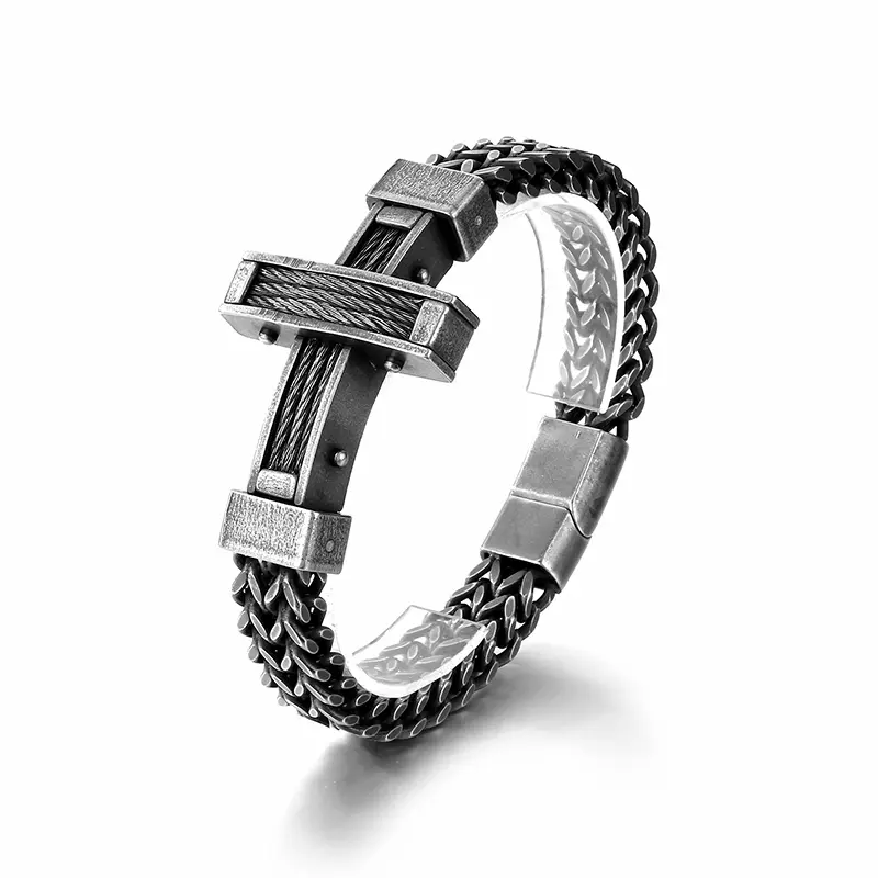 KALEN Hombres Vintage 220mm Oxidado Negro Acero Inoxidable Christian Cross Herringbone Cadena Pulsera