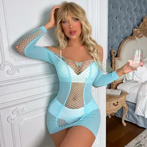 Lovely water blue color fishnet seamless body stocking catsuit dress