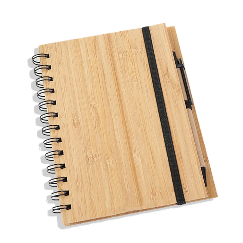 Notebook sampul bambu Spiral daur ulang Notebook catatan tempel yang ramah lingkungan gaya populer dengan Set hadiah pena