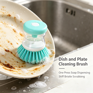 Brosse de nettoyage de cuisine portable avec distributeur de savon, poils en nylon, manche en plastique léger, brosse compacte pour la vaisselle - Product Image 4