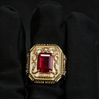 Bijoux fins, bague en argent S925 plaquée or 14 carats, rubis, style vintage, rectangle sculpté, pierre précieuse rouge, bague large en rubis pour homme