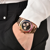 Maßgefertigte Modische Roségold Regenbogen-Edelstein Lünette Automatische Mechanische Chronograph-Uhr 50 Bar Wasserdicht 20mm Edelstahl Weltuhr