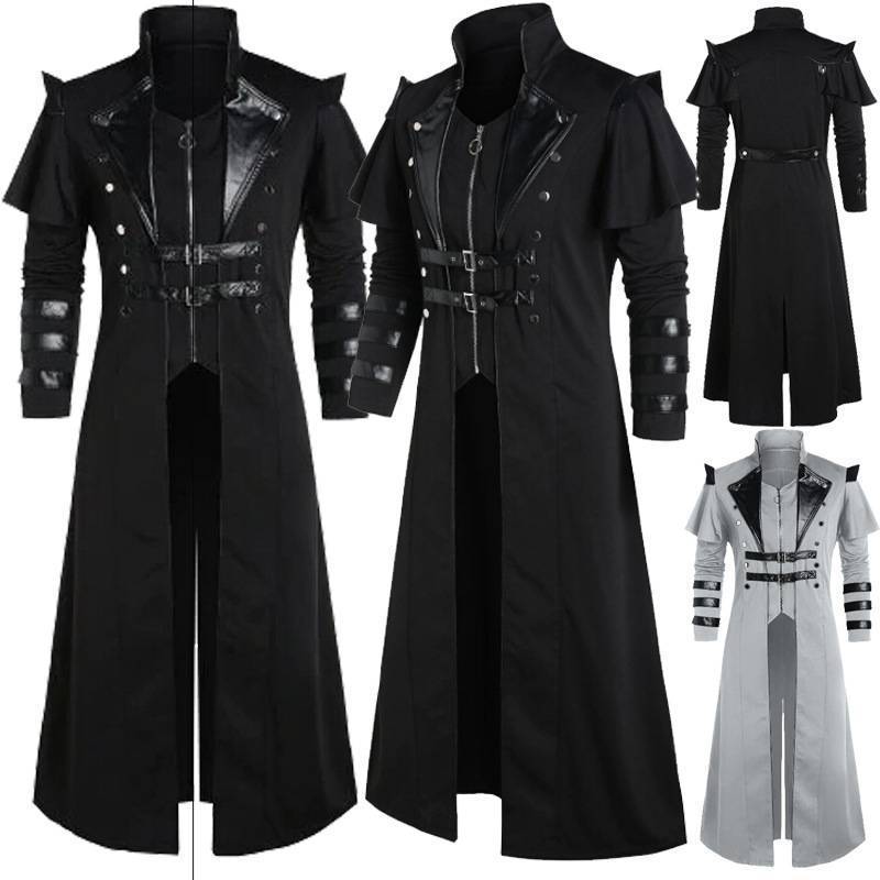 Baige Middeleeuwse Anime Cosplay Kostuums Heren Kleding Vintage Zwarte Lange Jas Gothic Steampunk Loopgraaf Nobele Ridder Kleding