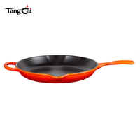 Wajan Besi Cor Enamel Oranye Tahan Panas Dengan Gagang Samping dan Corong Penampung Minyak, Anti Lengket, Tahan Abrasi, Peralatan Memasak