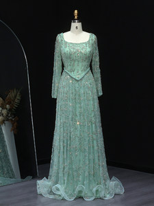 S2685N 2026 Nuovo Elegante <span class=keywords><strong>Abito</strong></span> da Sera <span class=keywords><strong>Verde</strong></span> Salvia Lungo fino al Pavimento, Linea A, Maniche Lunghe, in Organza con Cristalli, Antistatico, per Feste Formali - Product Image 1