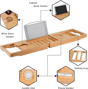 Bathtub Caddy Tray with Sliding Towel Holder, <strong>Bath</strong> <strong>Table</strong> with Book Holder, Phone Stand and Adjustable Book Reading Rack - Product Image 2