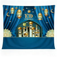 Bannière dorée Eid Mubarak, toile de fond, lanternes, fleurs, lune, Umrah, Ramadan Kareem, tapisserie pour décoration musulmane