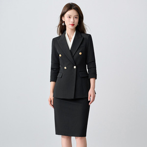 Women's Double Breasted Suit Set <b>Black</b> Wool Blend Office Lady Professional <b>Work</b> Wear Full Sleeve Anti Wrinkle - Product Image 4