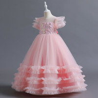 Robe de bal princesse pour fille, à volants superposés, corsage brodé de sequins, manches courtes bouffantes, longueur cheville, respirante