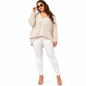 Maglione Oversize da Donna HOSYN in Maglia a Treccia con Scollo a V e Spalle Cadenti, Testurizzato, <span class=keywords><strong>per</strong></span> Autunno, Taglie Forti - Product Image 2