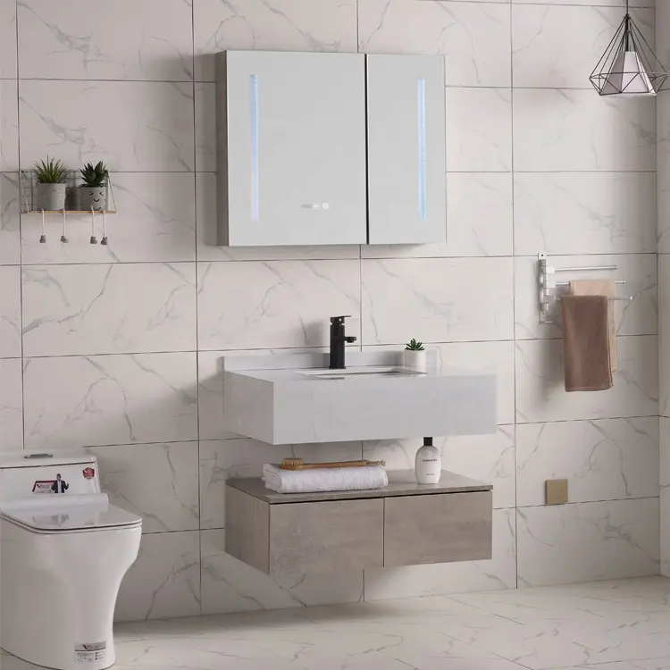 Vanity kamar mandi dengan meja rias kamar mandi atas keramik dengan kabinet wastafel dan cermin pintar