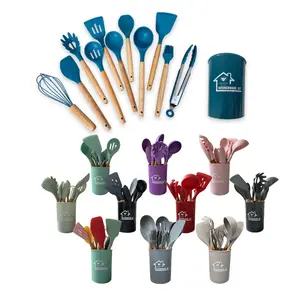 Utensílios de cozinha antiaderentes, conjunto de espátula de cozinha 12 peças de silicone com punho de madeira, ferramentas de cozinha