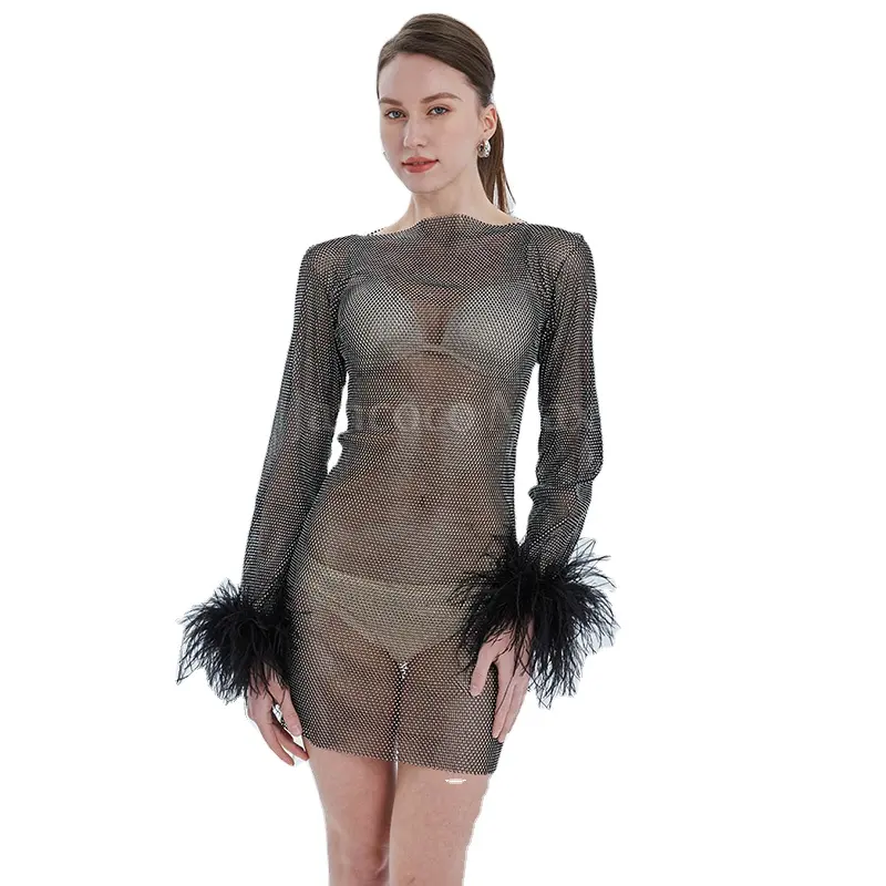 2023 Luxury Sexy Party Birthday Diamond Dress Women Rhinestone Mesh Dress with Ostrich Feather Cuffs