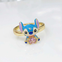 RM1706 Chic Vintage Bague ouverte ajustable en émail cloisonné chinois plaqué or 18 carats avec motif de dessin animé Stitch pour femmes