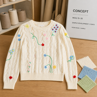 Pull en maille ajouré ivoire personnalisé pour femme, broderie florale, style vintage décontracté, manches longues, col rond, pour l'automne